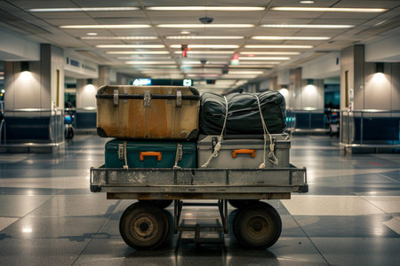 Luggage cart standing by with vintage and modern suitcases stacked on top, waiting in an empty airport terminalの素材