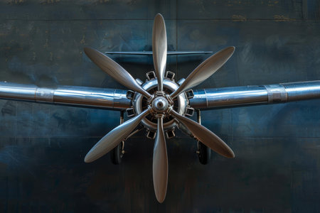 Shiny metal airplane propeller on blue industrial background representing aviation history and mechanicsの素材