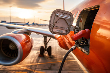 Red airplane being refueled on airfield before flight at sunset timeの素材