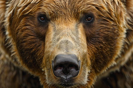 Close up portrait of a brown bear with wet fur, conveying strength and intensityの素材