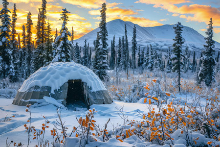 Snowy landscape featuring an igloo surrounded by snowy trees and bushesの素材