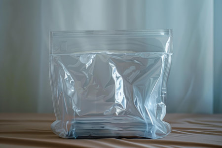 Reusable plastic zipper storage bag for clothes or travel is laying on brown fabric surfaceの素材