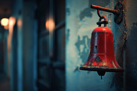 Old, red, metallic bell is hanging on a wall, waiting to be rungの素材