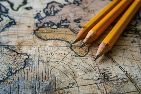 Three sharpened pencils indicating locations on an old map with a vintage feelの素材