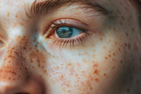 Close up portrait of a young woman with freckles and blue eyesの素材
