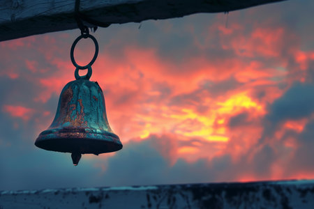 Old rusty metal bell hanging from a wooden beam with a dramatic sunset sky in the backgroundの素材