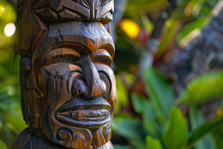 Weathered wooden tiki statue is standing in front of tropical foliageの素材