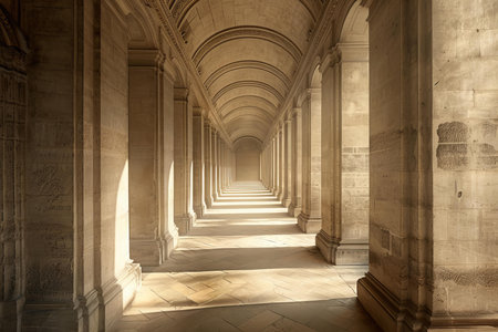 Sunlight is illuminating a long corridor with arches and columnsの素材