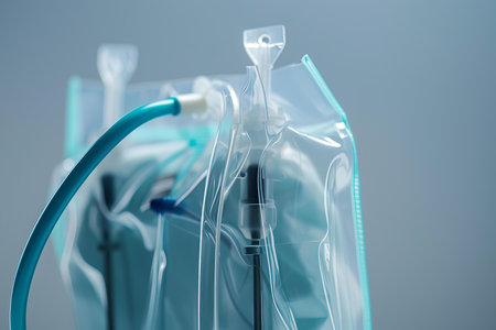 Close up of an intravenous drip with saline solution being prepared for a patientの素材