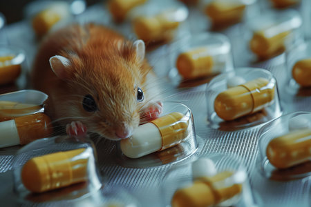 Close up of a brown mouse eating a pill from a blister pack, surrounded by other pillsの素材