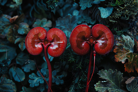 Two red kidneys growing out of lush green foliage in a concept of human organ transplantationの素材
