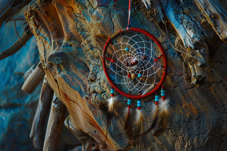 Red dreamcatcher hanging on a textured tree trunk with turquoise and brown feathersの素材