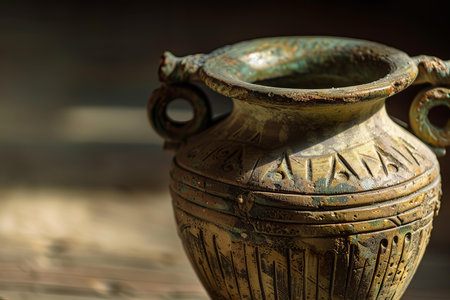 Ancient greek amphora standing on wooden surface is showing the signs of time passing byの素材