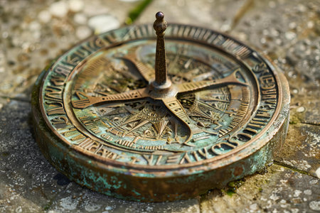 Antique sundial is casting a shadow for telling time on a sunny day in a gardenの素材