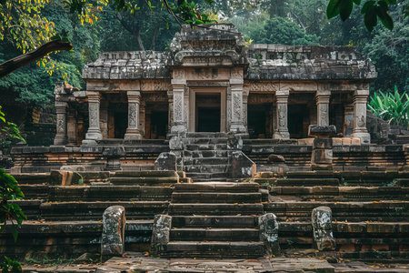 Stone ruins of an ancient khmer temple, with stairs leading up to a portico with carved columnsの素材