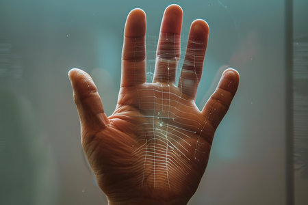 Businessman is touching a futuristic transparent digital touchscreen interface with his handの素材