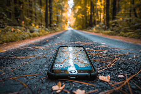 Gps app running on a smartphone lying on the ground of a forest roadの素材