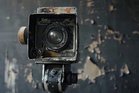 Old twin lens reflex camera is standing on a tripod in front of a dark, textured backgroundの素材