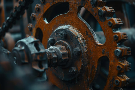 Close up of a rusty gear rotating with a chain drive in an old factory, showing the wear and tear of industrial machineryの素材