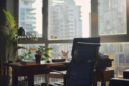 Natural light illuminating a modern home office interior with a big city view in the backgroundの素材