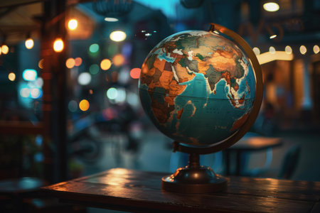 Antique world globe on table with city lights blurred in background at nightの素材