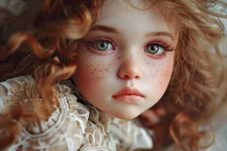 Portrait of beautiful doll with red hair, green eyes and freckles wearing a white lace dressの素材