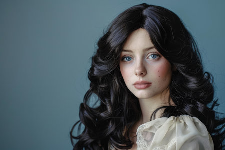 Young woman with long black hair and blue eyes is posing in a studio settingの素材