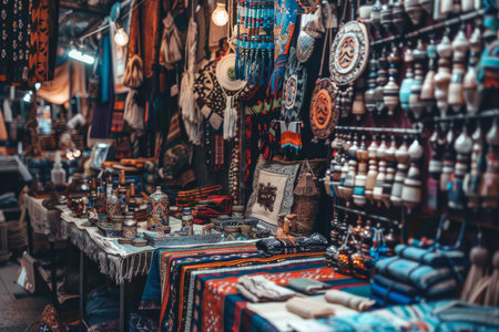 Colourful handmade souvenirs displayed on tables and hanging at a traditional arabic market stallの素材