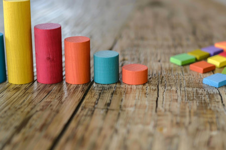 Colorful wooden toy blocks are creating a bar chart on a rustic wooden table depicting growthの素材