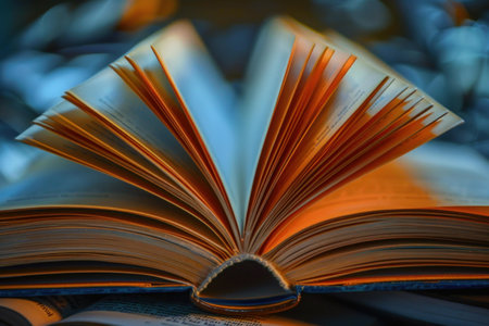 Open book spreading its colorful pages on a table, with a focus on the books spineの素材