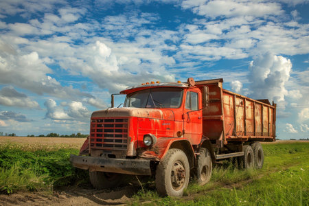 Old, red dump truck sits idle in a field, showing signs of age and use, beneath a cloudy summer skyの素材