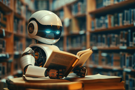 Cute robot is sitting at a desk in a library, reading a book and learning new informationの素材
