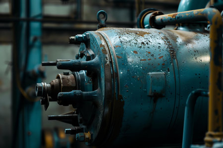 Old industrial machine showing signs of wear and tear, still in operation in a factoryの素材