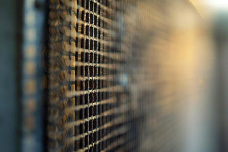 Metal grill with square pattern creating blurred background with warm lightの素材