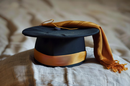 Graduation cap and gown with gold tassel resting on chair after the ceremonyの素材