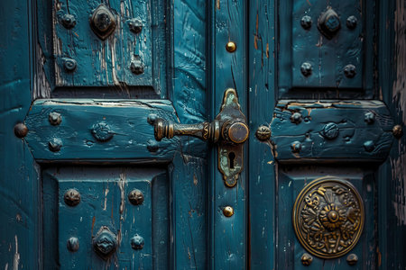 Ancient blue wooden door with metal decorations is slightly open, showing darkness behindの素材