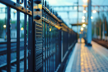 Empty train station platform with black metal fence and glowing lights at duskの素材