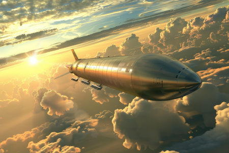 Hypersonic missile is flying over a beautiful sunsetの素材