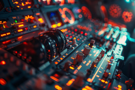 Control panel of an airplane lighting up with warning lights during a night flightの素材