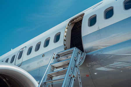 Airplane boarding ramp attached to an open door on a sunny day at the airportの素材