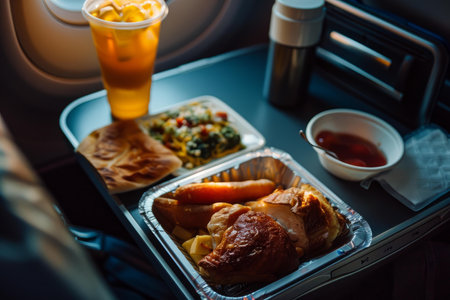 Airplane food served during flight including roasted chicken, sausages, bread and saladの素材