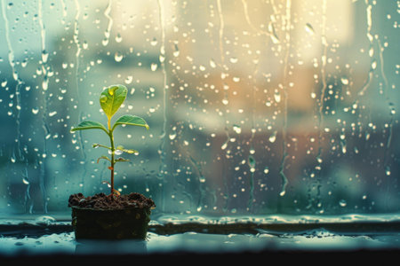 Green plant growing in pot on window sill with rain drops on the windowの素材