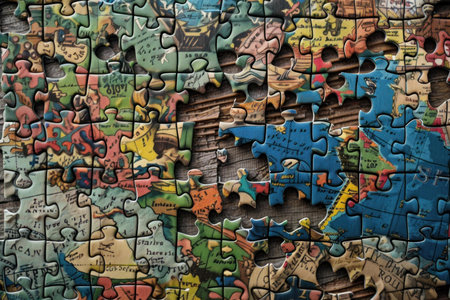 Colorful puzzle forming a vintage world map, representing the concept of problem solvingの素材