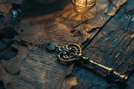 Antique key lies on top of weathered paper with elegant handwriting, illuminated by warm candlelightの素材