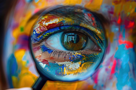 Close up of a woman with face paint looking through a magnifying glassの素材