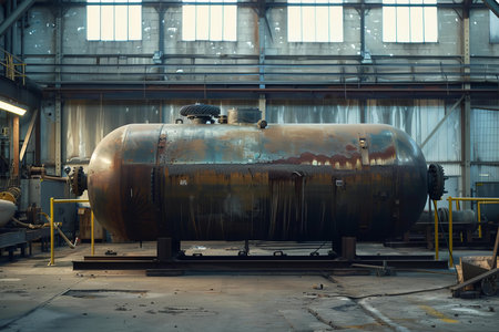 Old, rusty industrial tank sits on a platform in a deserted factoryの素材