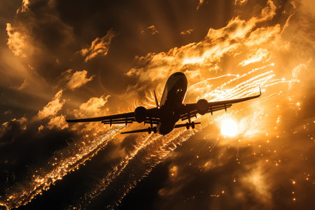Passenger airplane is flying during sunset over a dramatic cloudscapeの素材