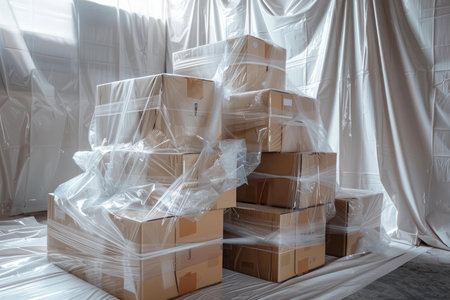 Cardboard boxes wrapped in plastic film and stacked in an empty room covered with plastic sheetingの素材