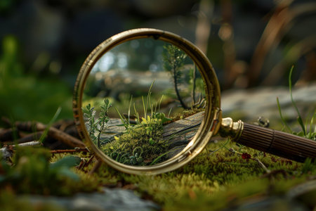 Magnifying glass is laying on the forest floor focusing on tiny green plantsの素材