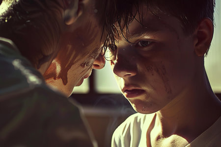 Two boys with mud on their faces having a serious conversationの素材